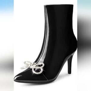 Perphy Patent Leather Rhinestone Bow Stiletto Heels Ankle Boots Size 9.5 NWT